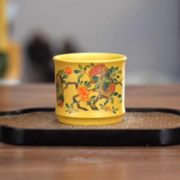 6033宜兴原矿紫砂茶具黄段手工描绘石榴杯YY130ml