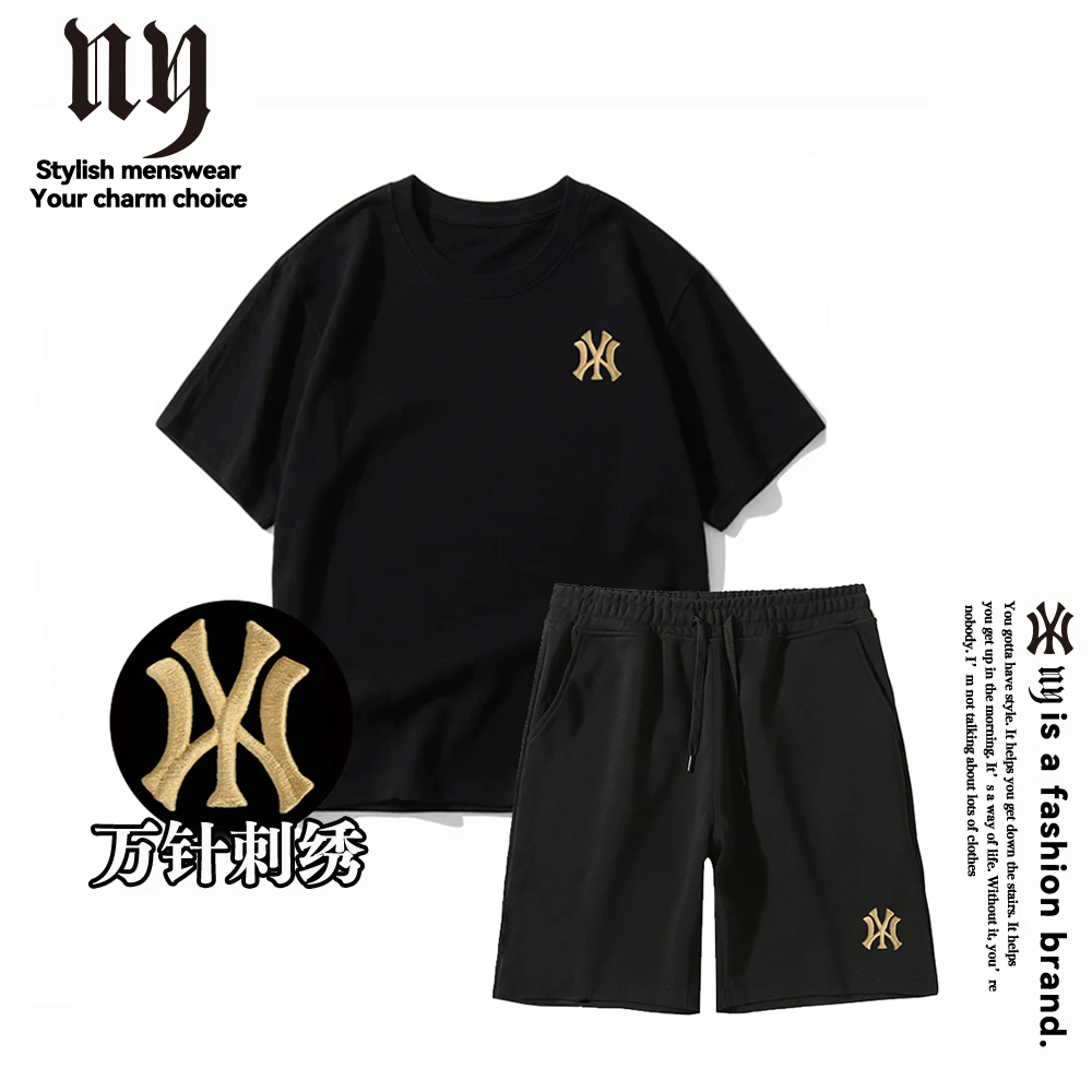 夏季运动刺绣套装男士纯棉短袖柔软T短裤透气款女正品两件套NYtz6