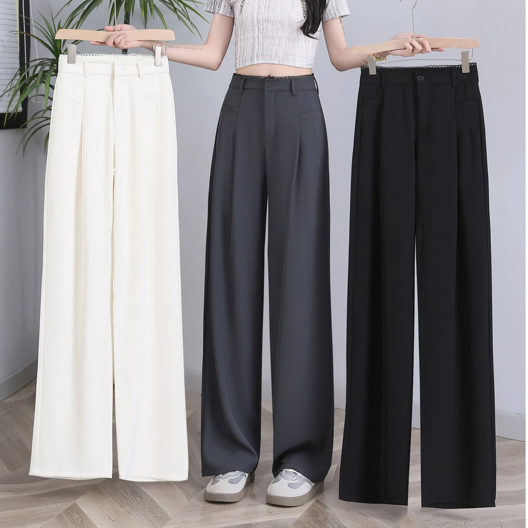 88W918新款小个子蕾丝夏款垂感阔腿裤蕾丝直筒裤百搭高腰胖M