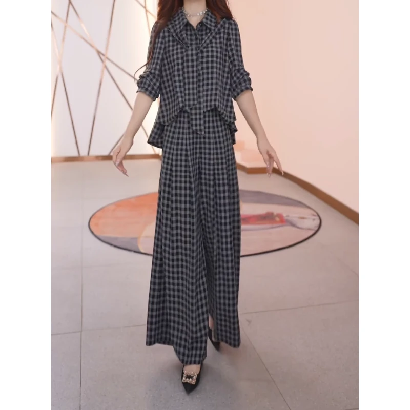 美曦气质轻奢设计感格纹时尚套装2025秋季新款显瘦阔腿裤两件套