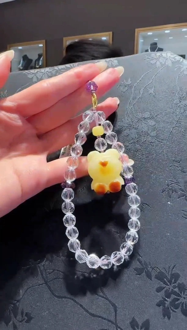 【闪购商品】水晶手机链未镶嵌切面水晶蜜蜡小熊手机链