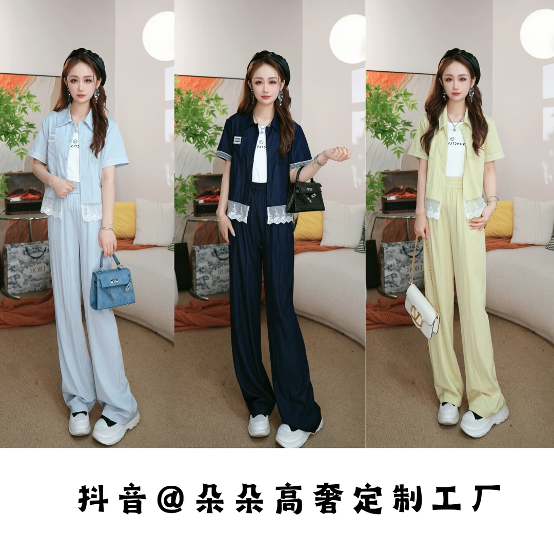 WL时尚休闲套装蕾丝拼接连帽卫衣直筒休闲裤春夏女装洋气减龄