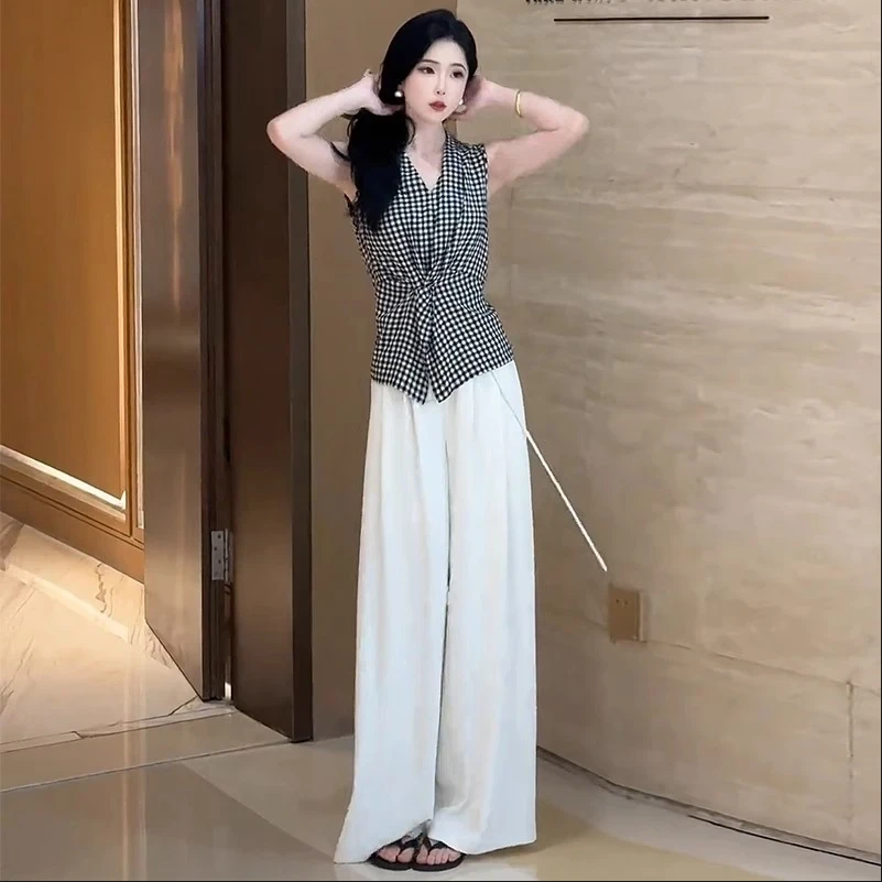 设计感扭结黑白格子背心衬衫女收腰显瘦无袖上衣+垂感阔腿裤套装