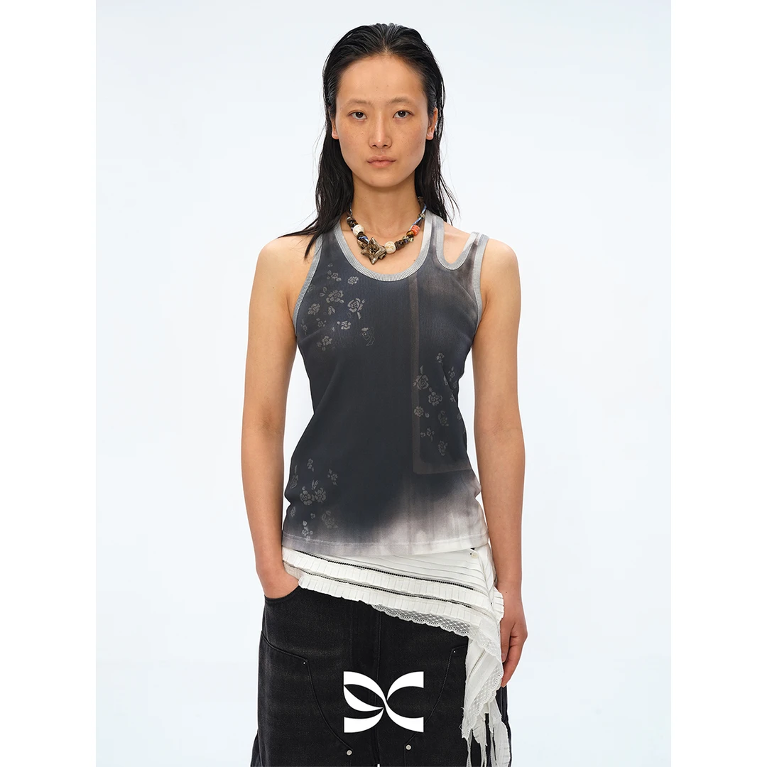 Square Circle 方圆不规则设计感碎花印染蓝晒修身针织背心上衣