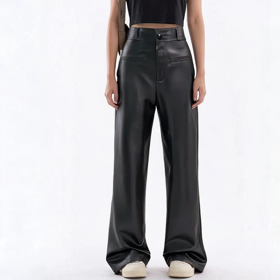 新款 加长版高腰直筒皮裤