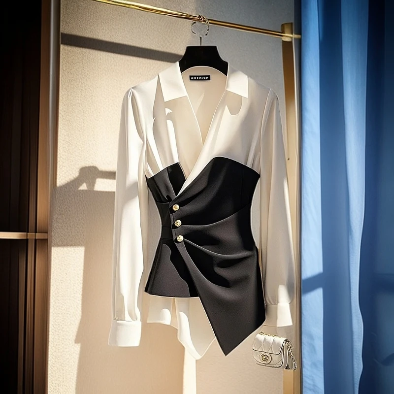 黑白撞色衬衫2025新款高级感轻奢减龄洋气法式设计感假两件上衣春