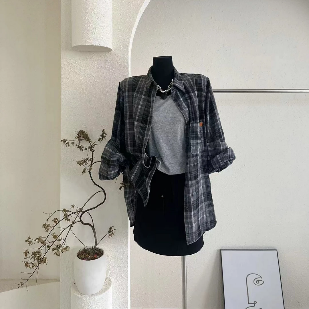 【韩潮】复古格子慵懒风宽松休闲上衣两件套-907