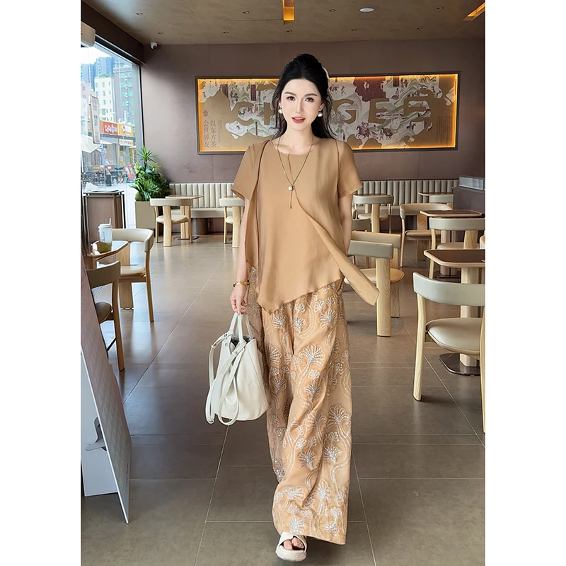 高定套装【花间叙】胖多女装新款时尚高级感上衣休闲裤套装