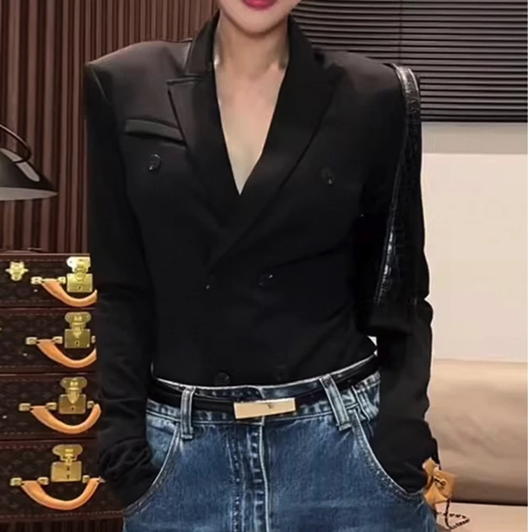 法式双排扣酷飒风气质西装女2025秋季新款修身显瘦高级感V领上衣