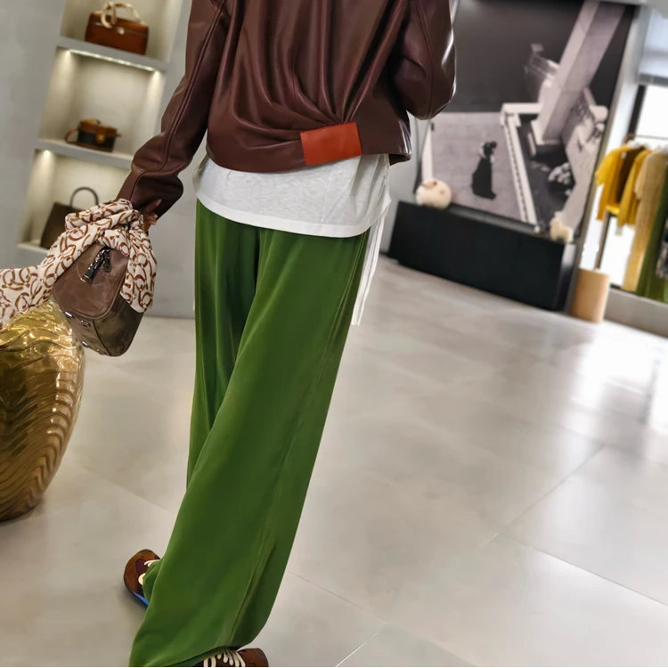 PENNYPENG抹茶柔绒春季宽松洋气休闲果绿色直筒松紧腰真丝丝绒裤
