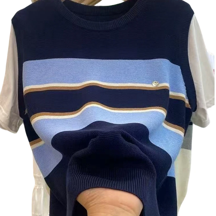 短袖假两件拼接短款夏季毛针织衫蓝色针织衫休闲风（6621）