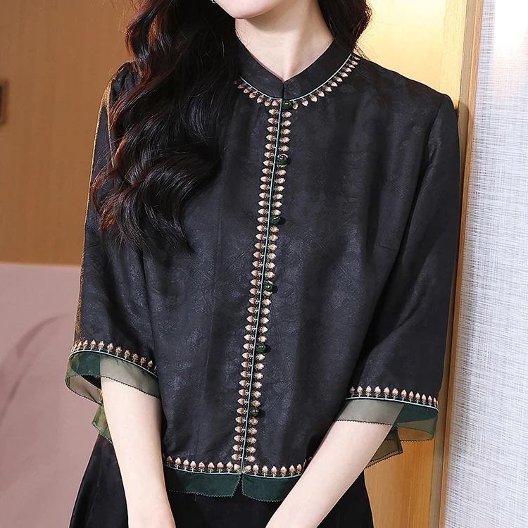 真丝香云纱上衣女2025夏季新款重工刺绣衬衣女中年100%桑蚕丝衬衫