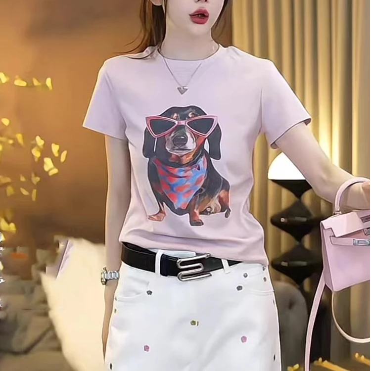 欧货趣味卡通小狗印花短袖T恤女2025夏季新款洋气修身显瘦上衣潮