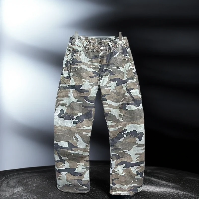 25年新款春装卫裤男弯刀高品美式浅色迷彩高街痞帅微喇微拖地裤