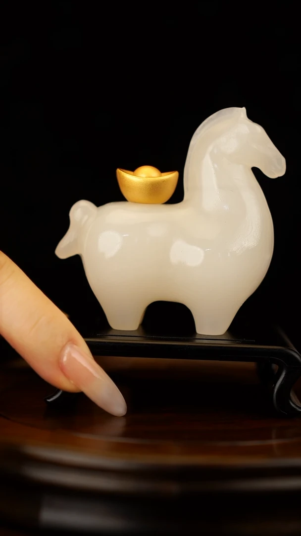 玉【马上有米】天然玉石马上有元宝摆件