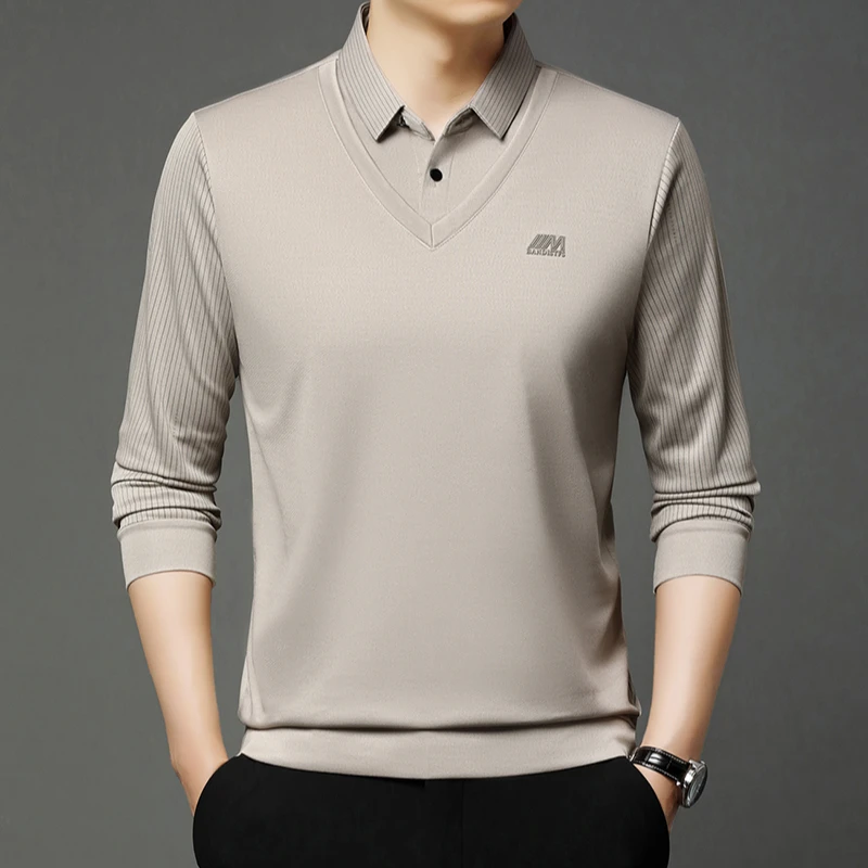 Mexican/稻草人男士春秋长袖假两件卫衣中年纯色衬衫领休闲上衣