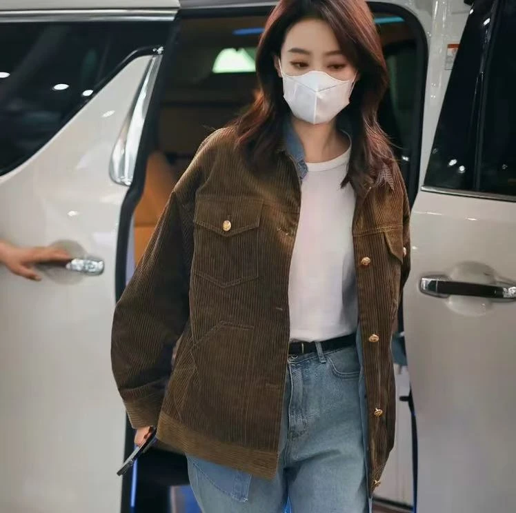 99新 Celine/思琳  IM0406  翻领单排扣长袖灯芯绒夹克外套 S码