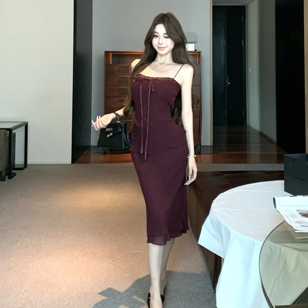蝴蝶结系带蕾丝拼接抹胸吊带背心女夏季高腰鱼尾包臀裙绝美两件套