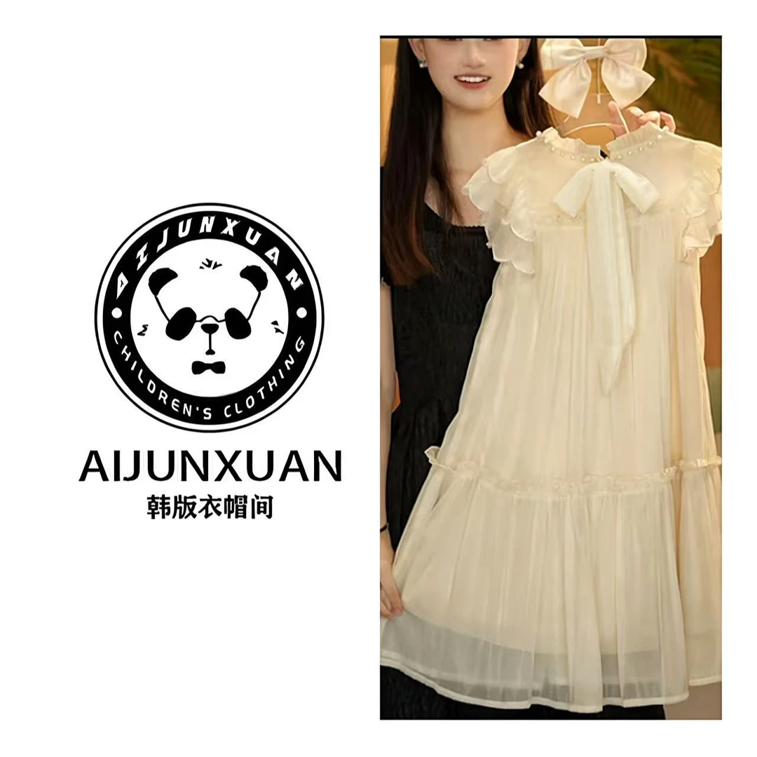 女童连衣裙2025夏季飘带系气质花瓣落肩袖连衣裙【送蝴蝶结发箍】