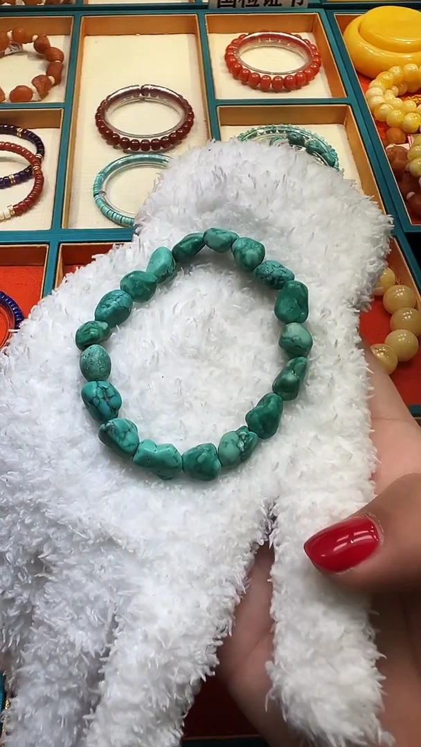 未镶嵌绿松石手串国检证书   绿松高瓷高色随型珠单圈