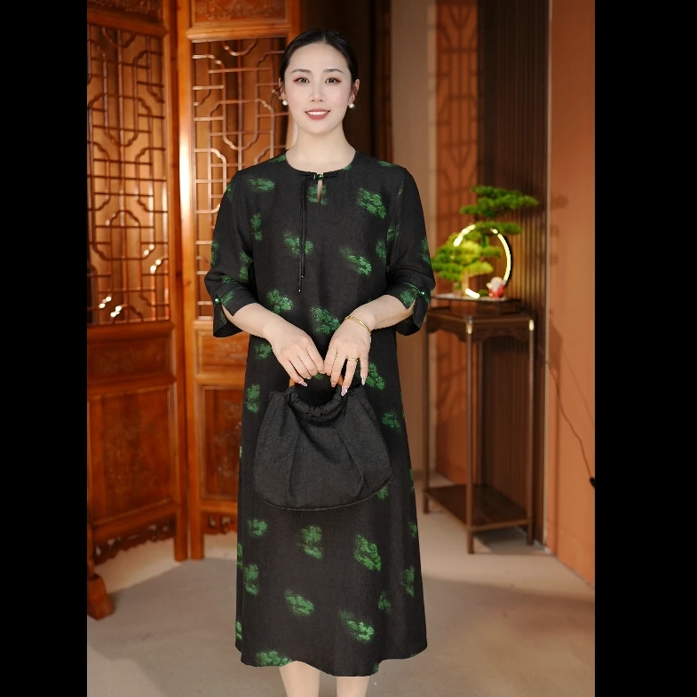 【冠乐绉】桑蚕丝香云纱圆领高品质连衣裙