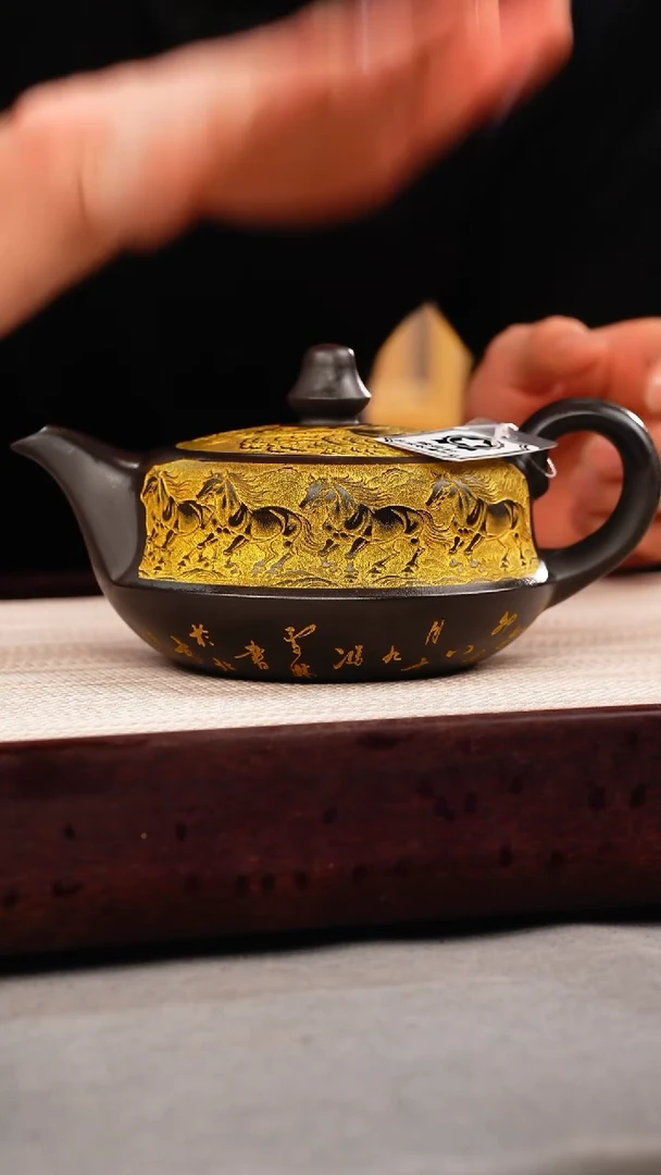 茶壶紫砂石黄 曲壶 八骏 描金