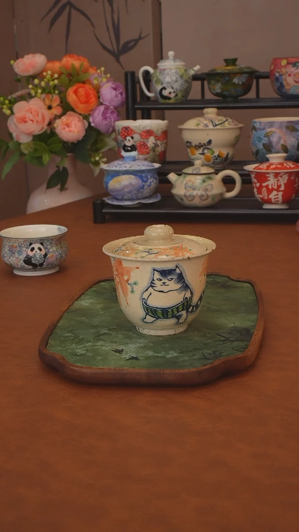 十三系列 猫咪二才盖碗 带开片