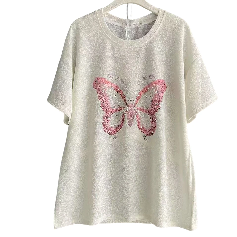 烫钻蝴蝶宽松型BM风做旧小熊T恤百搭印花t恤圆领
