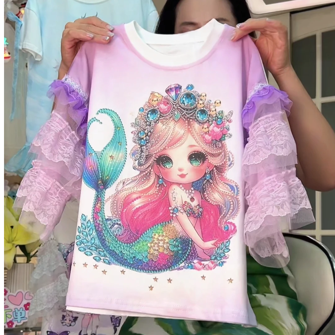 MN女童美人鱼公主T裙2025夏新款可爱女孩时尚印花连衣裙洋气宝宝~