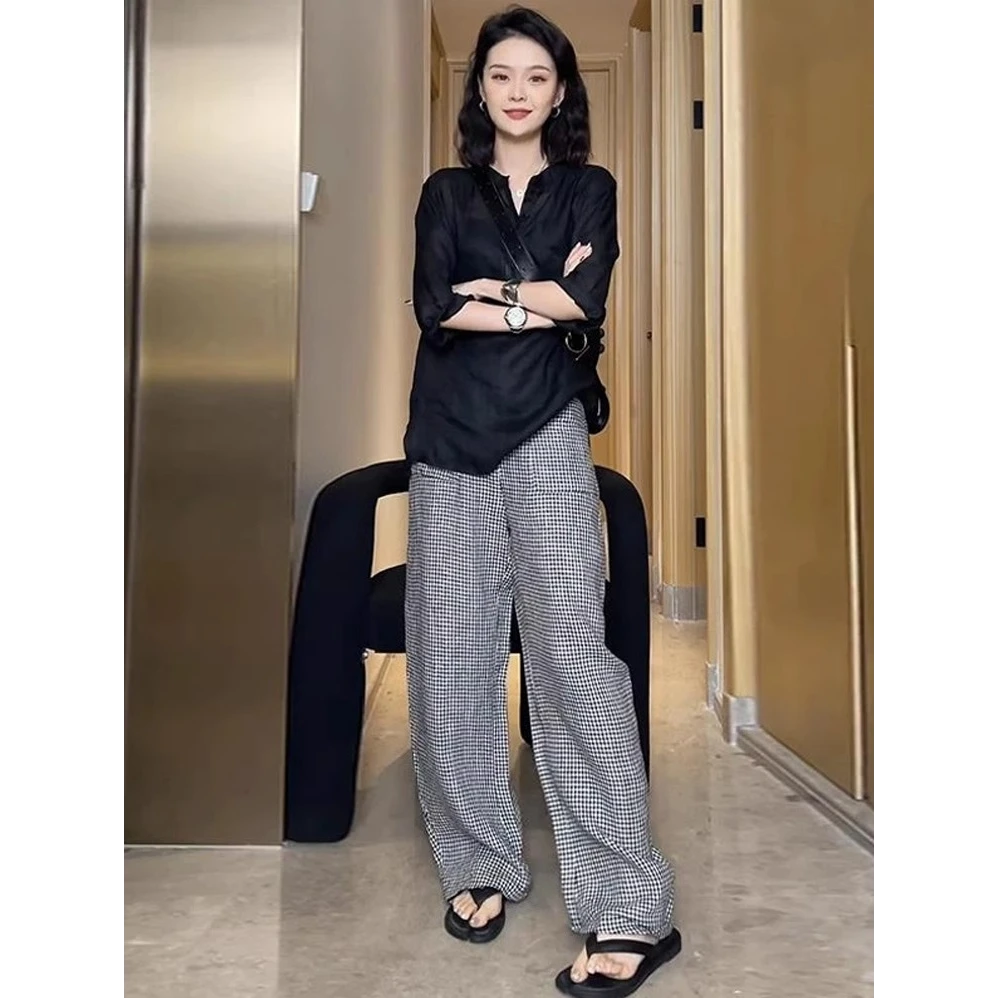 时尚套装女2025夏季新款时髦洋气宽松防晒衬衫格子阔腿裤两件套潮