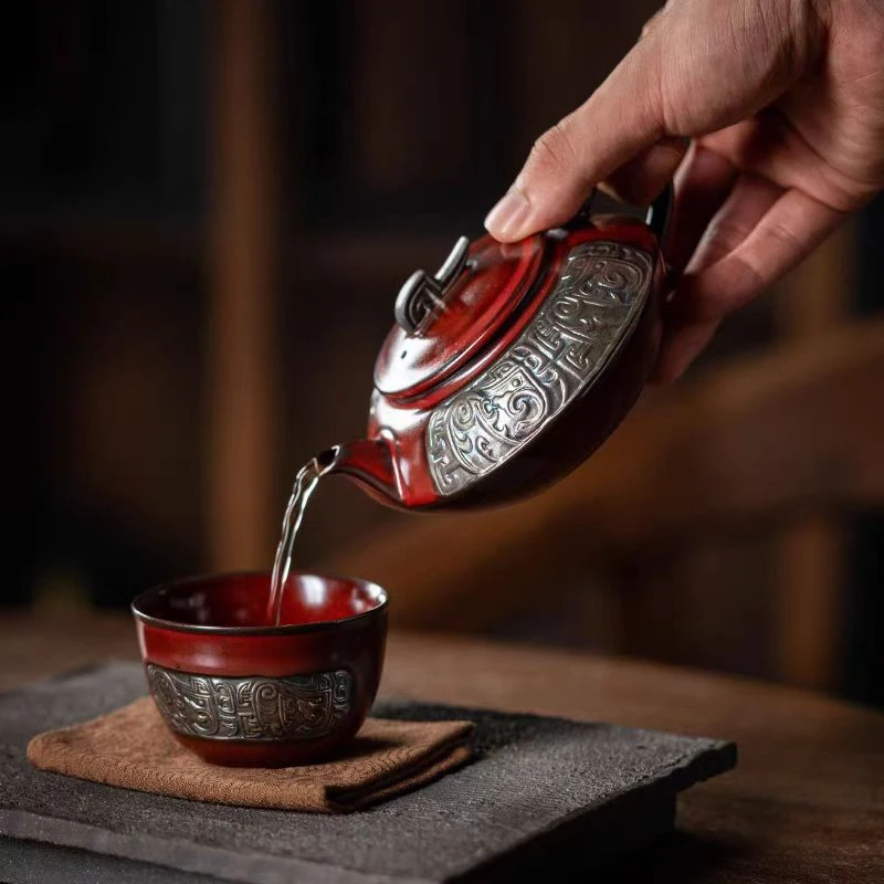 慢山山楂红饕餮泡茶壶饕餮杯复古家用陶瓷大红 GH2237+GH2239