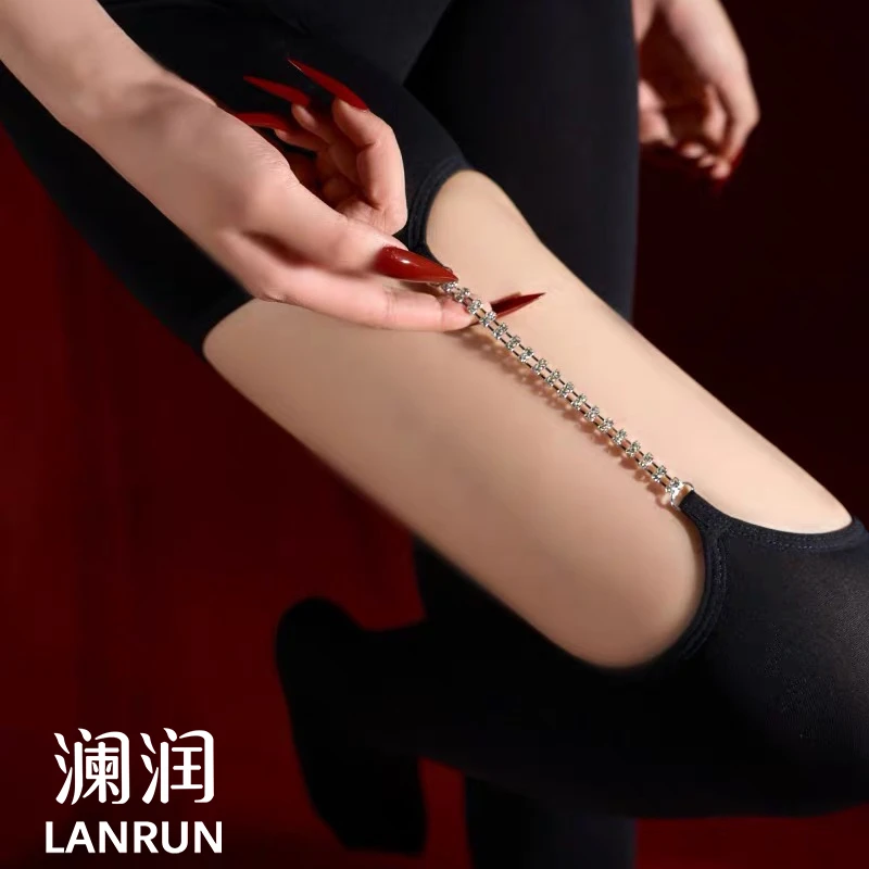 带钻厚黑极光连裤吊带袜天鹅绒纯欲性感黑丝春夏薄款防摩隐形袜