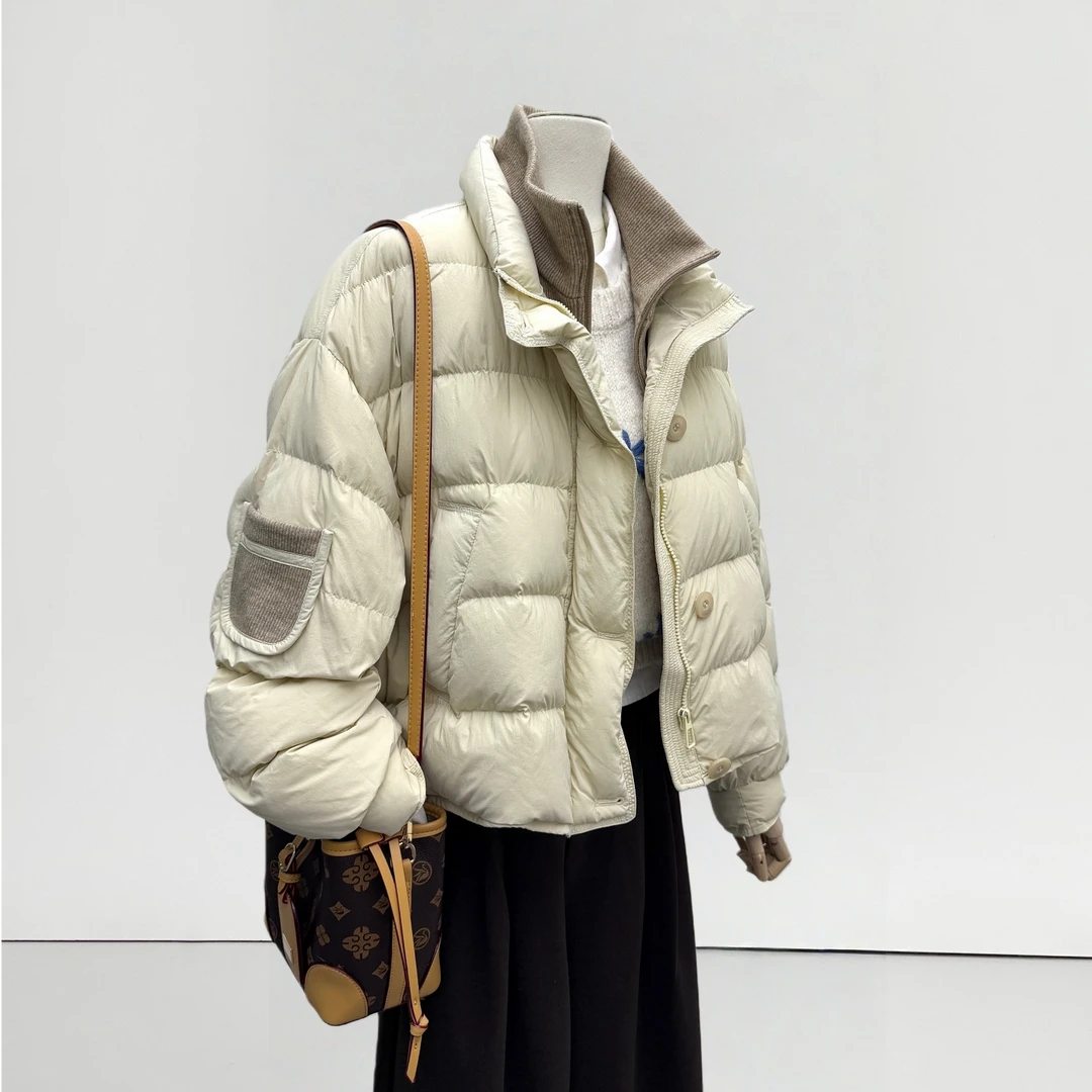 设计感假两件拼接立领羽绒服外套女2025冬季新款90白鸭绒保暖上衣