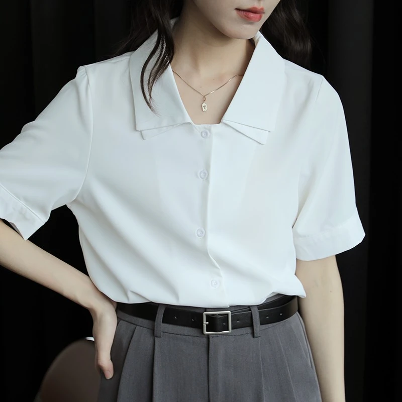 白色短袖衬衫女士法式气质衬衣设计感小众夏季职业装雪纺v领上衣
