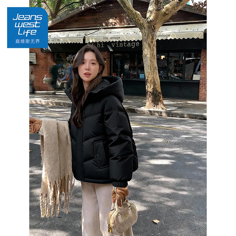 真维斯无界冬季连帽短款羽绒服黑色经典百搭显瘦保暖通勤时尚外套