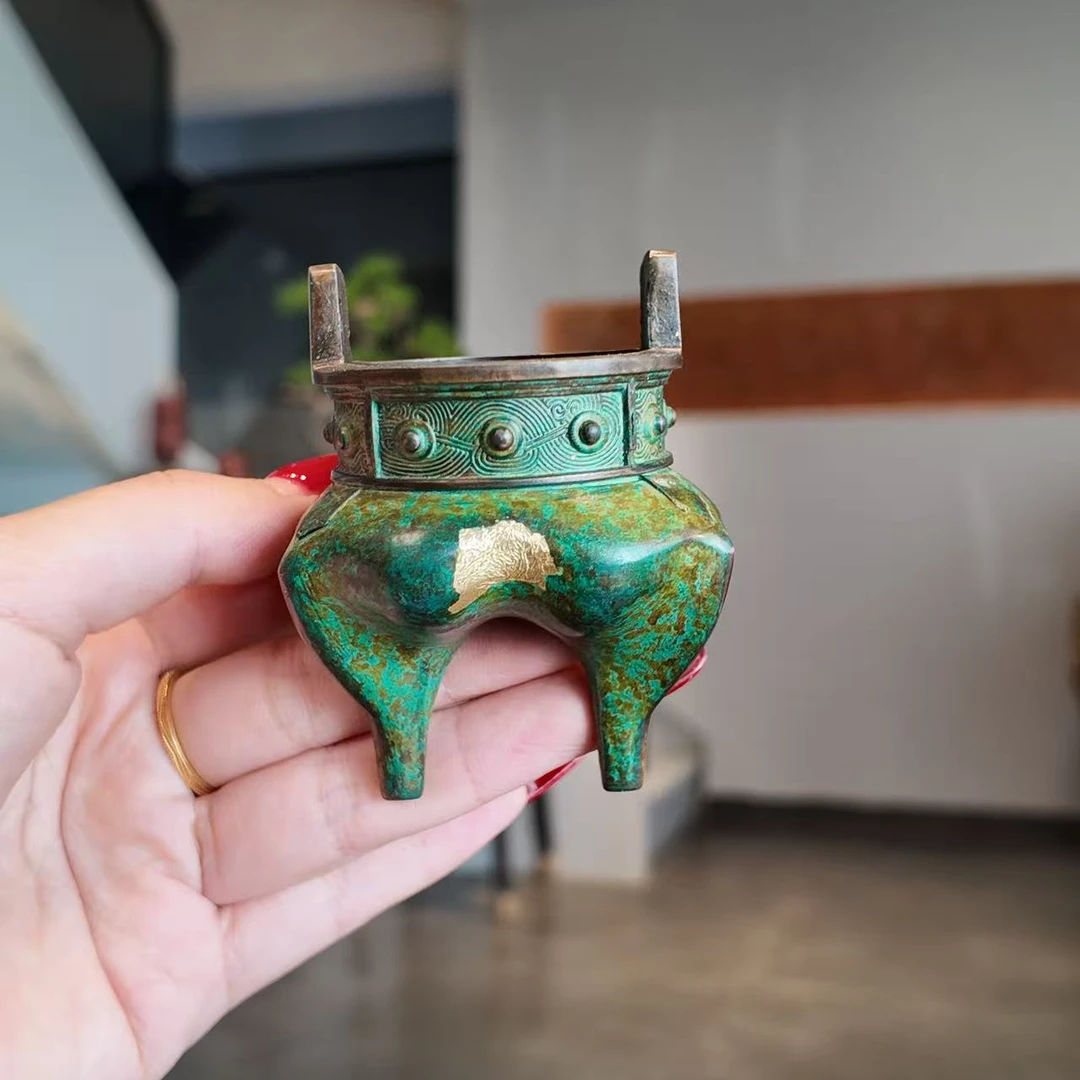 宽窄.绿色金箔三足香炉茶道配件高7直径5内径4