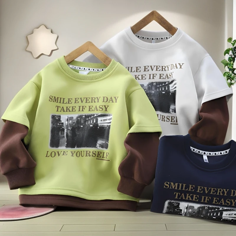 男童圆领卫衣2025秋季新款中大童假两件休闲上衣儿童长袖T恤2898