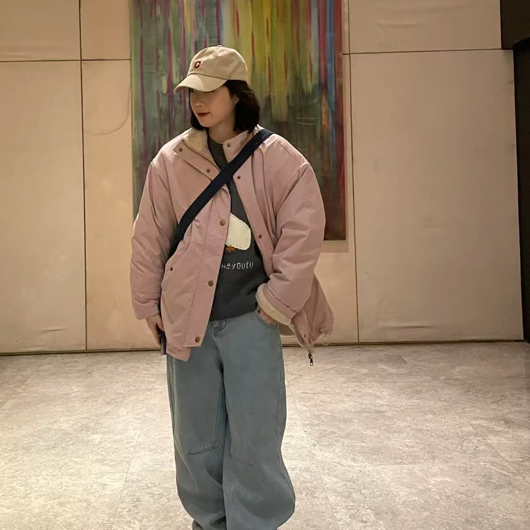 Sevbasks 七七家韩版 粉色拼接糕糕毛中长款简约保暖厚外套