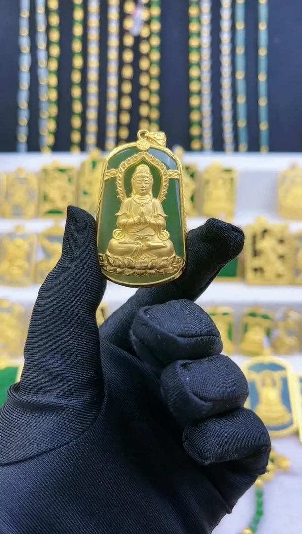 和田玉足金镶嵌吊坠(不含链)黄金和田玉吊坠