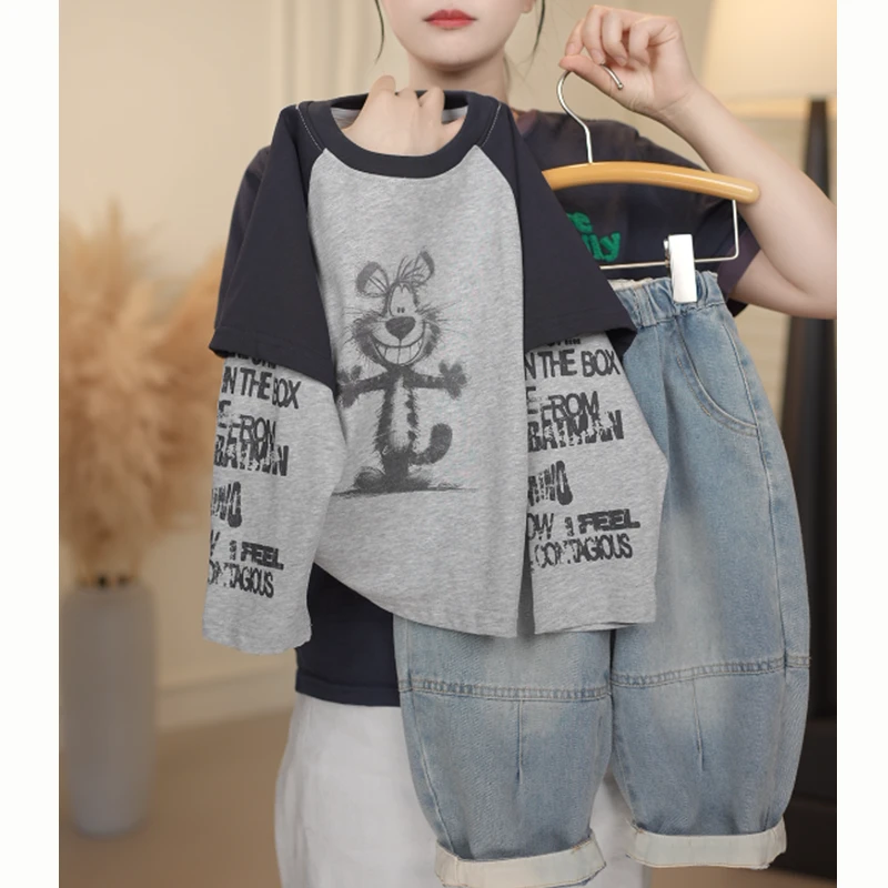 儿童男女童秋季韩版拼接长袖T恤休闲假两件宽松上衣