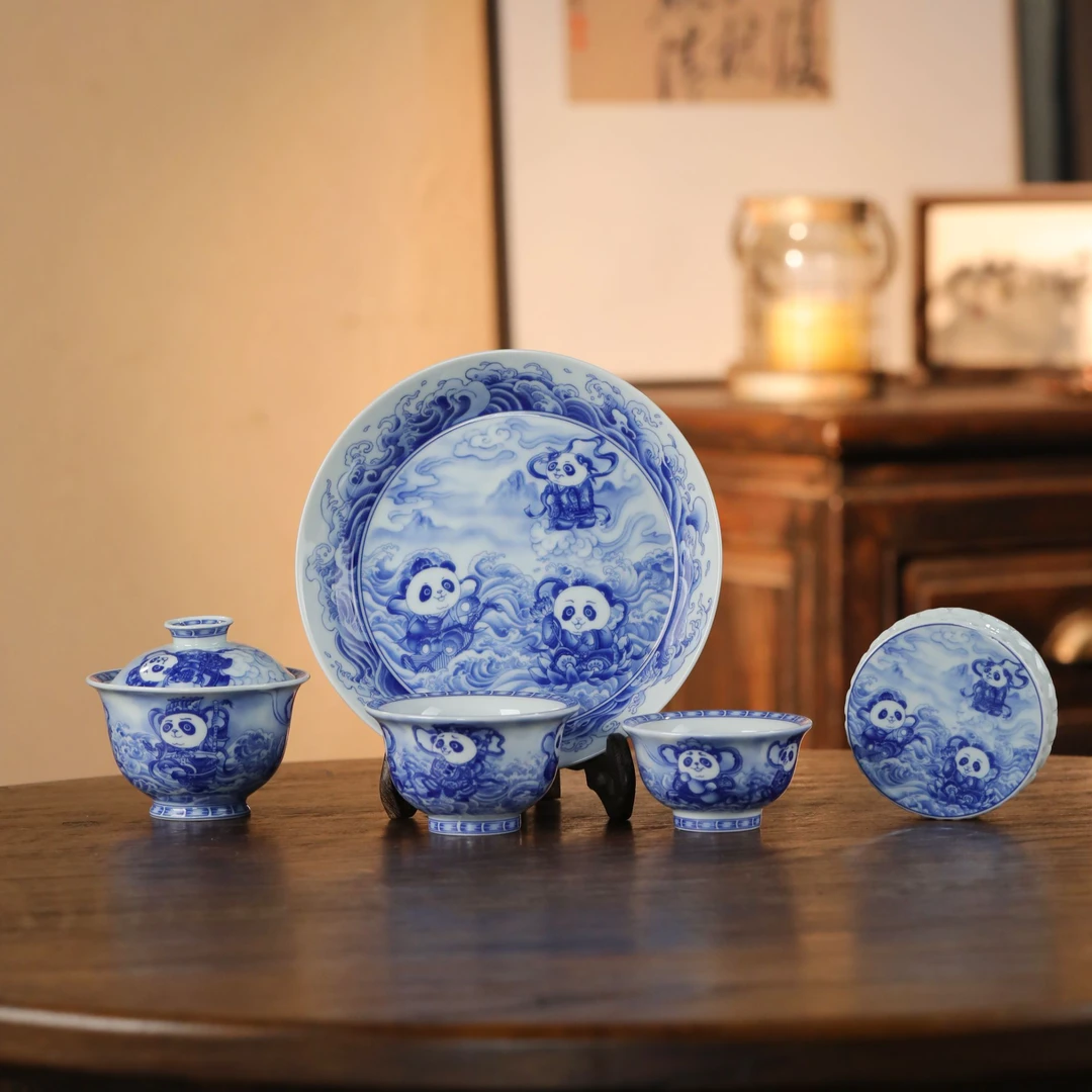 景德镇青鲤造物釉下青花熊猫盖碗壶承盖置主人杯五件套套组