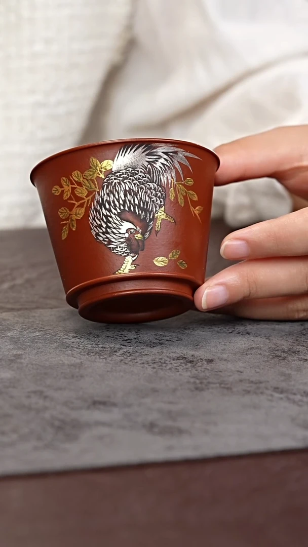 茶杯紫砂朱泥 金银 公鸡 马蹄