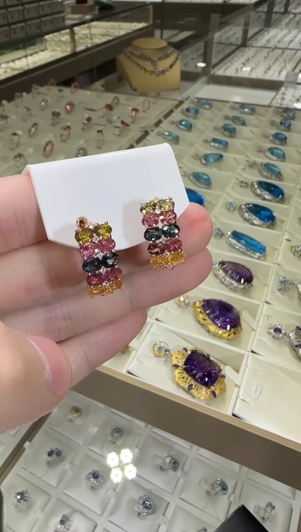 银S925镶嵌耳饰碧玺10mm耳扣设计款多样性发一