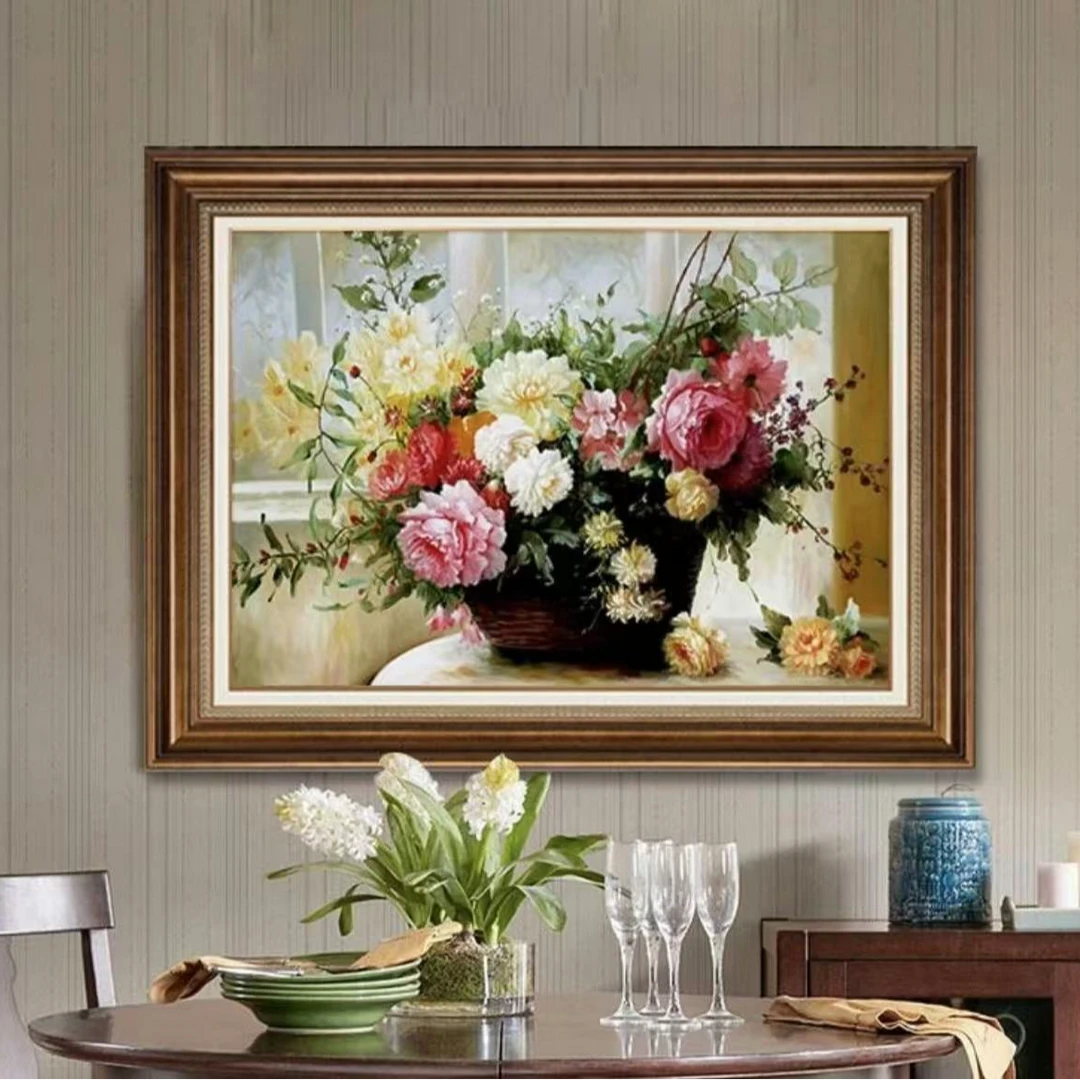 美式餐厅装饰画牡丹花卉墙面挂画厨房墙壁客厅欧式仿油画