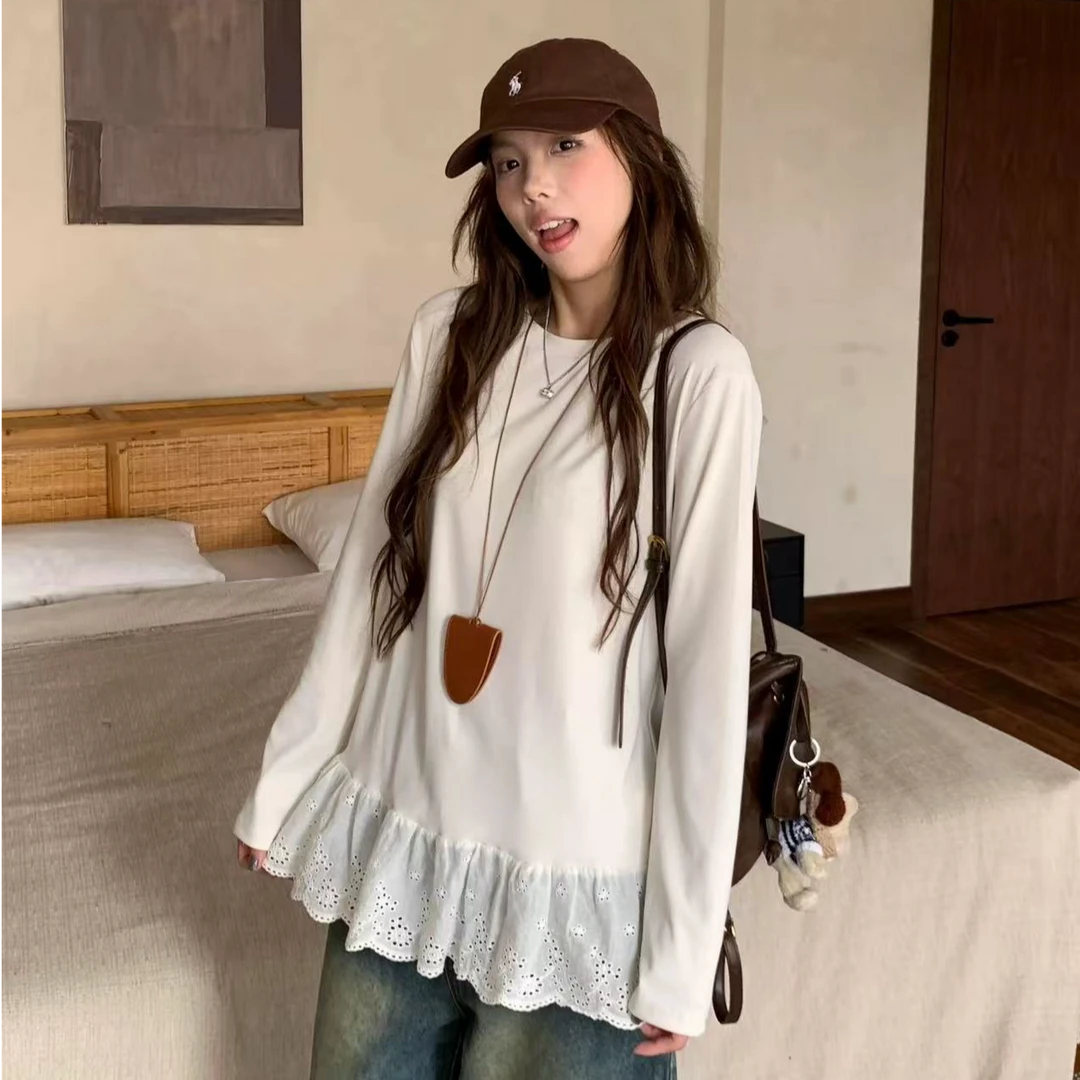 白色蕾丝花边内搭甜美长袖T恤女秋冬季外穿百搭圆领休闲宽松上衣