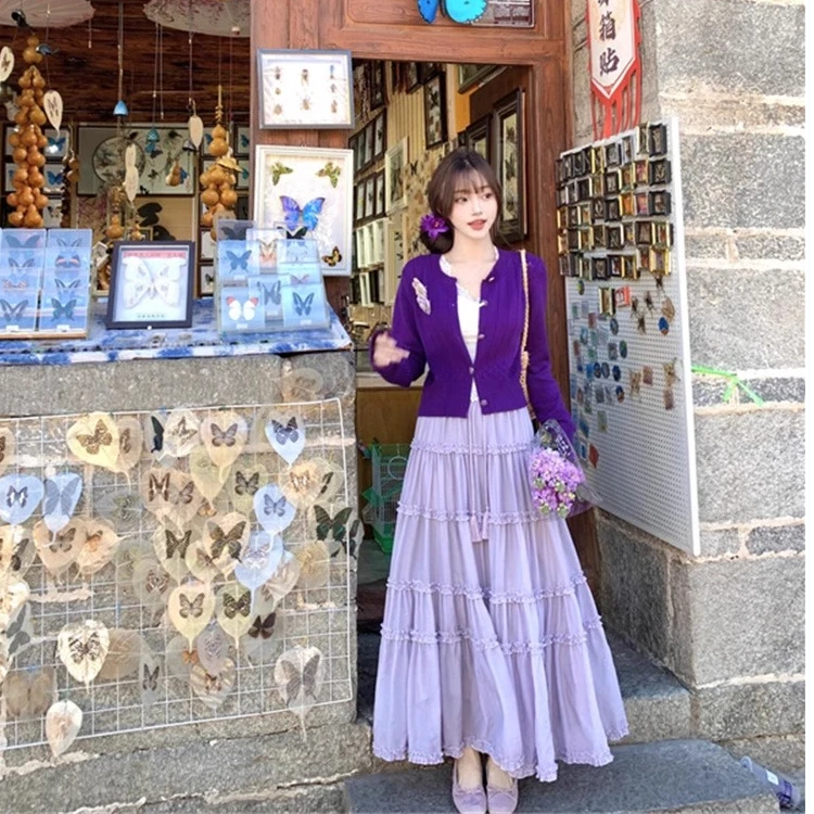 紫色高级感开春穿搭套装设计感独特洋气针织开衫半身裙吊带三件套