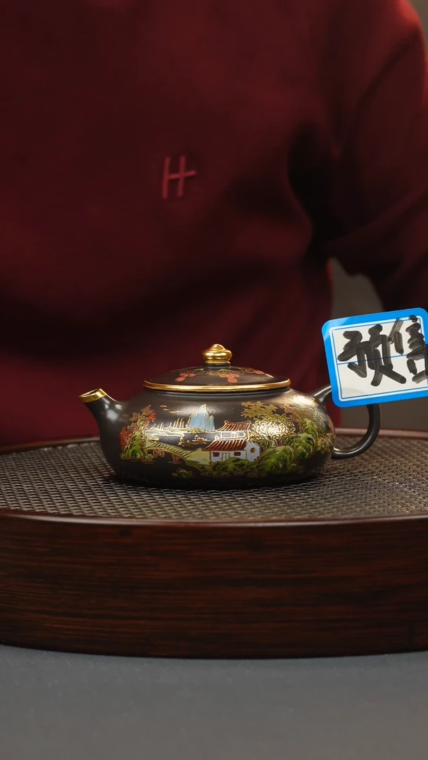 【闪购商品】紫砂茶壶石红珐琅彩寒江