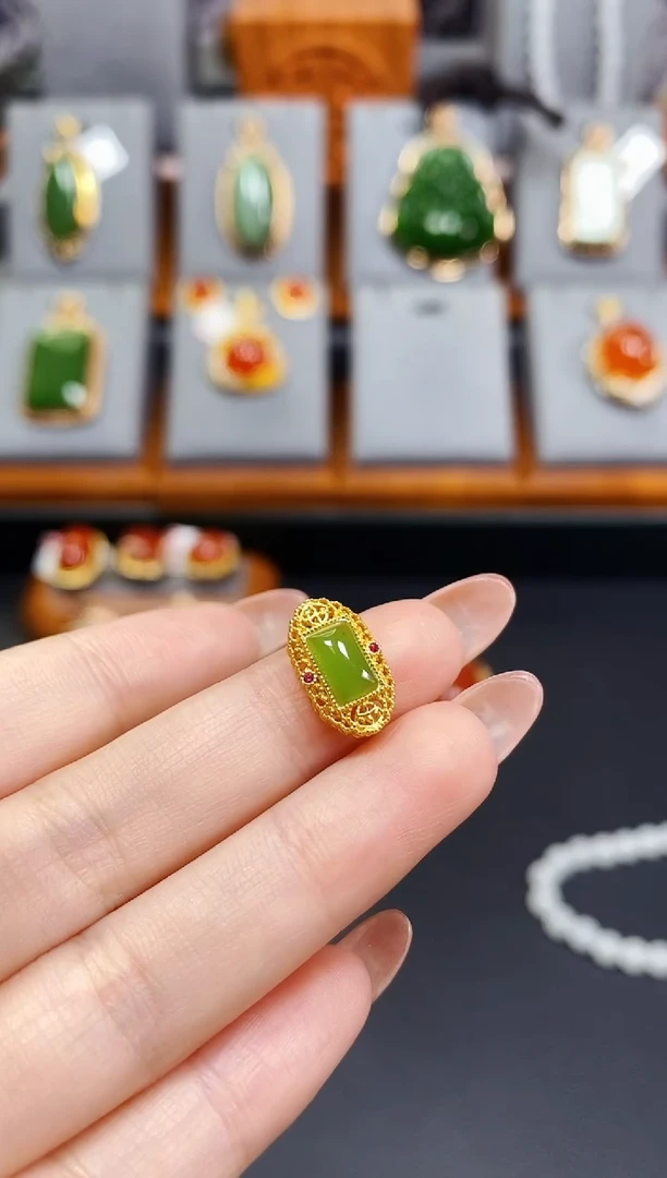 颈饰银S925镶嵌和田玉碧玉方牌牌DIY颈饰配件