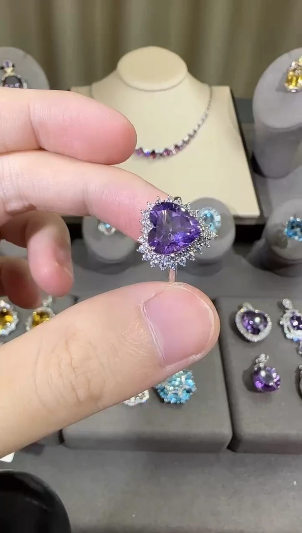 银S925镶嵌戒指紫晶10mm戒指海洋之心设计款