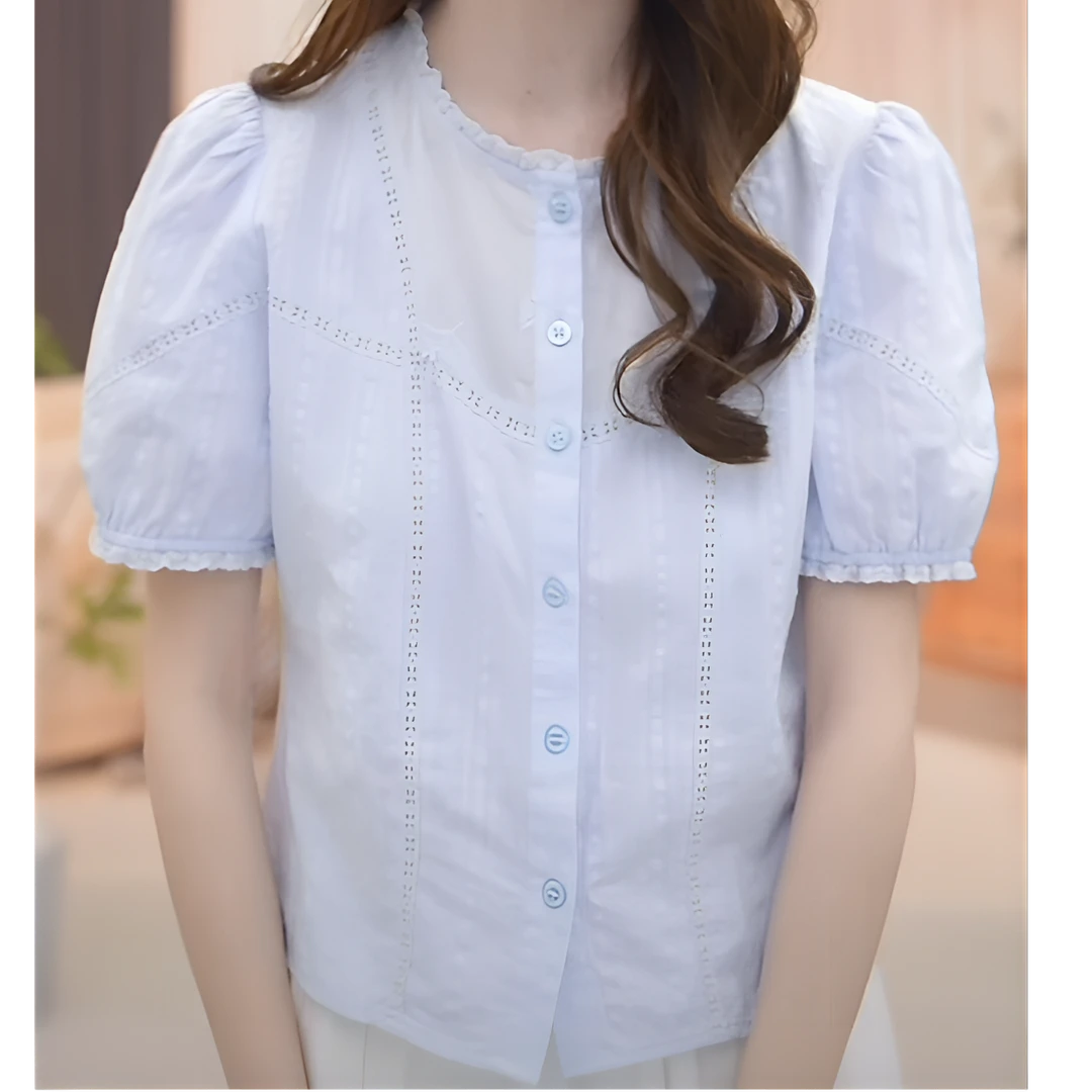 2025夏季新款洋气舒适时尚设计感衬衫简约纯色宽松百搭短袖上衣女